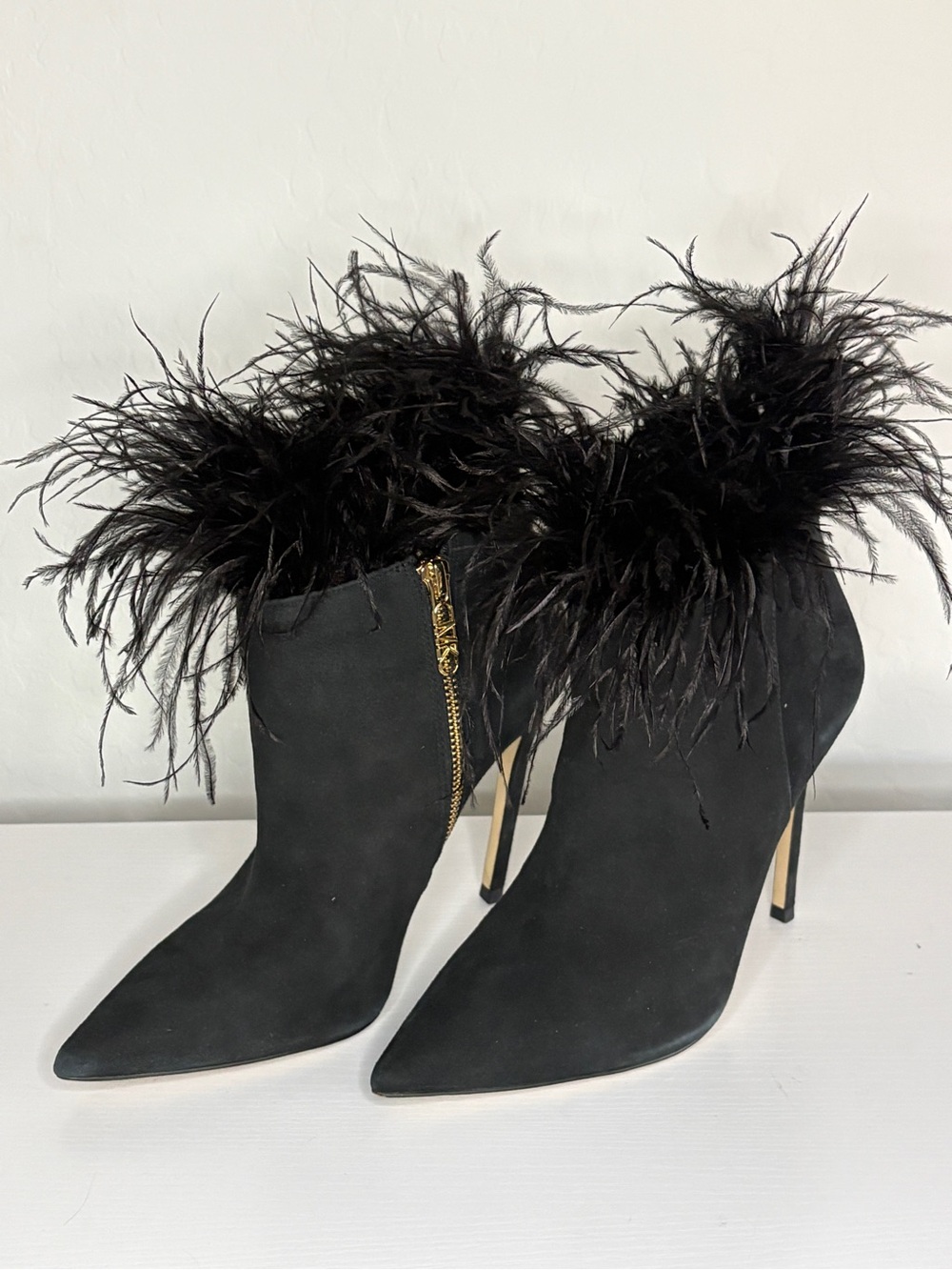 Michael Kors Black Feather Trim Pointed Stiletto Ankle Boots